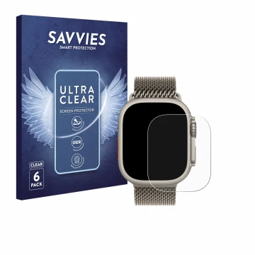 Face avant d’un emballage produit avec le logo de la marque Savvies. À côté, l’appareil Apple Watch Ultra 3 est représenté ave