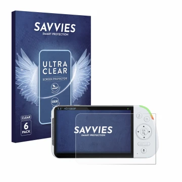 Face avant d’un emballage produit avec le logo de la marque Savvies. À côté, l’appareil Babysense MaxView-2CAM 5,5