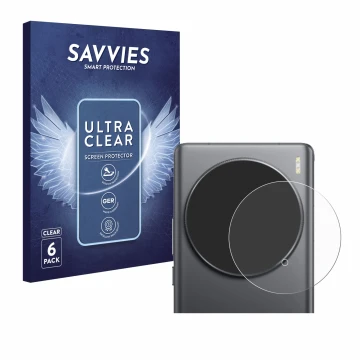 Face avant d’un emballage produit avec le logo de la marque Savvies. À côté, l’appareil Vivo X100 Ultra (Caméra UNIQUEMENT) es