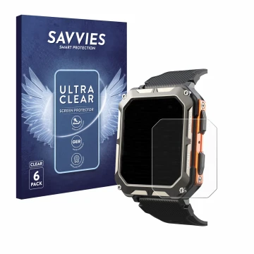 Face avant d’un emballage produit avec le logo de la marque Savvies. À côté, l’appareil Findtime Smartwatch 1.83