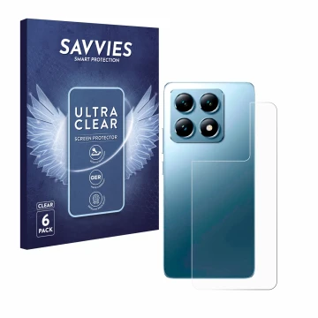 Face avant d’un emballage produit avec le logo de la marque Savvies. À côté, l’appareil Xiaomi 14T Pro (Arrière) est représent