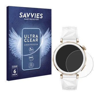 Face avant d’un emballage produit avec le logo de la marque Savvies. À côté, l’appareil Huawei Watch GT 5 Pro (42 mm) est repr