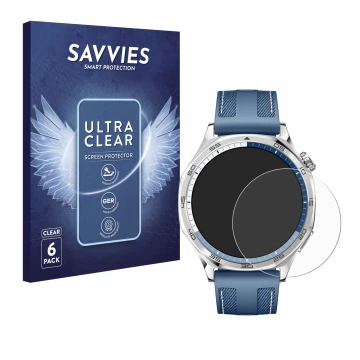 Face avant d’un emballage produit avec le logo de la marque Savvies. À côté, l’appareil Huawei Watch GT 5 (46 mm) est représen