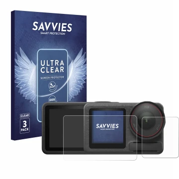 Face avant d’un emballage produit avec le logo de la marque Savvies. À côté, l’appareil DJI Osmo Action 5 Pro (case-friendly) 