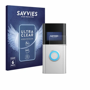 Face avant d’un emballage produit avec le logo de la marque Savvies. À côté, l’appareil Ring Video Doorbell 3 Plus est représe