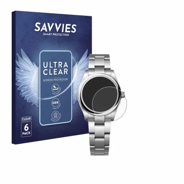 Face avant d’un emballage produit avec le logo de la marque Savvies. À côté, l’appareil Rolex Oyster Perpetual 31 est représen
