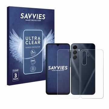 Face avant d’un emballage produit avec le logo de la marque Savvies. À côté, l’appareil Samsung Galaxy A16 5G (Avant+Arrière) 