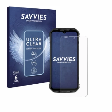 Face avant d’un emballage produit avec le logo de la marque Savvies. À côté, l’appareil Doogee V Max Plus est représenté avec 