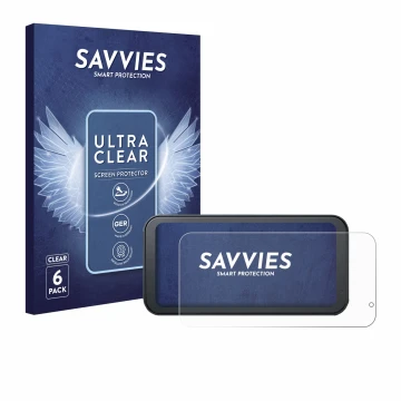 Face avant d’un emballage produit avec le logo de la marque Savvies. À côté, l’appareil Lamto Motorrad Carplay 6.25