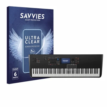 Face avant d’un emballage produit avec le logo de la marque Savvies. À côté, l’appareil Yamaha MODX8+ est représenté avec la p