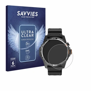 Face avant d’un emballage produit avec le logo de la marque Savvies. À côté, l’appareil Mobvoi Ticwatch Atlas est représenté a