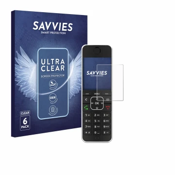 Face avant d’un emballage produit avec le logo de la marque Savvies. À côté, l’appareil AVM Fritz!Fon C6 Black est représenté 