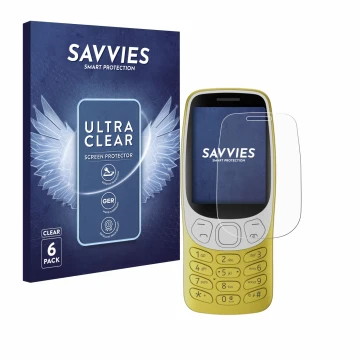 Face avant d’un emballage produit avec le logo de la marque Savvies. À côté, l’appareil Nokia 3210 est représenté avec la prot