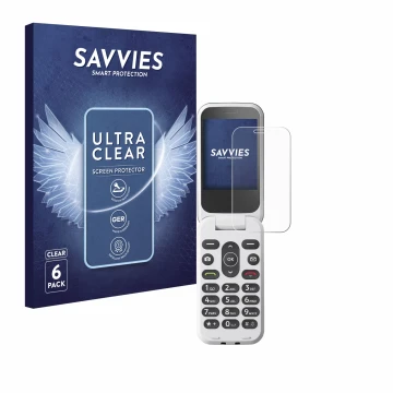 Face avant d’un emballage produit avec le logo de la marque Savvies. À côté, l’appareil Doro 2820 est représenté avec la prote