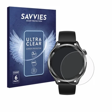 Face avant d’un emballage produit avec le logo de la marque Savvies. À côté, l’appareil Xiaomi Watch S4 (47 mm) est représenté