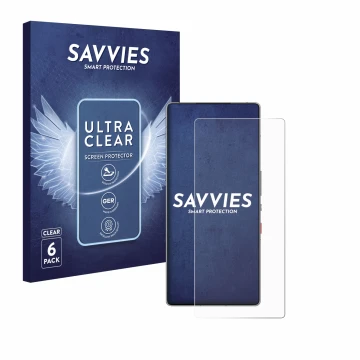 Face avant d’un emballage produit avec le logo de la marque Savvies. À côté, l’appareil ZTE Nubia Red Magic 10 Pro est représe