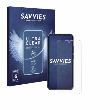 Face avant d’un emballage produit avec le logo de la marque Savvies. À côté, l’appareil Oukitel WP52 est représenté avec la pr
