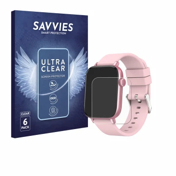 Face avant d’un emballage produit avec le logo de la marque Savvies. À côté, l’appareil Ombar Smartwatch 1.9