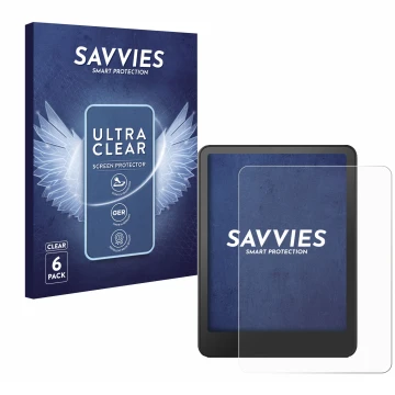Face avant d’un emballage produit avec le logo de la marque Savvies. À côté, l’appareil Amazon Kindle Paperwhite 2024 (12. Gen