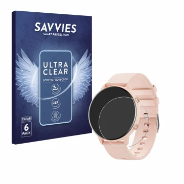 Face avant d’un emballage produit avec le logo de la marque Savvies. À côté, l’appareil Hwagol Smartwatch G25 1.39