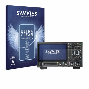 Face avant d’un emballage produit avec le logo de la marque Savvies. À côté, l’appareil Rigol DHO914 est représenté avec la pr