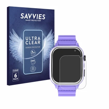 Face avant d’un emballage produit avec le logo de la marque Savvies. À côté, l’appareil Jubunrer Kids Smartwatch est représent