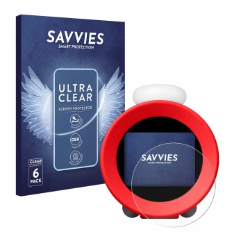 Face avant d’un emballage produit avec le logo de la marque Savvies. À côté, l’appareil Nintendo Sound Clock Alarmo est représ