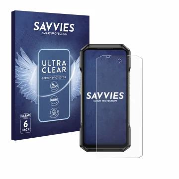 Face avant d’un emballage produit avec le logo de la marque Savvies. À côté, l’appareil Ulefone Armor 27 est représenté avec l