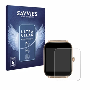 Face avant d’un emballage produit avec le logo de la marque Savvies. À côté, l’appareil Ibettertec Smartwatch 1.83