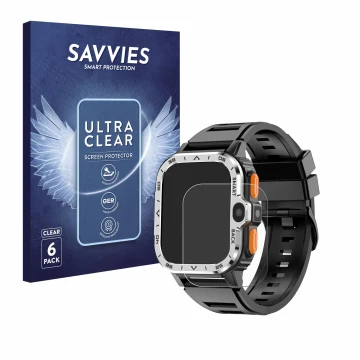 Face avant d’un emballage produit avec le logo de la marque Savvies. À côté, l’appareil HS Smartwatch 2