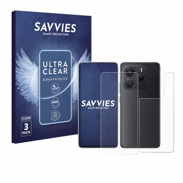 Face avant d’un emballage produit avec le logo de la marque Savvies. À côté, l’appareil Xiaomi Redmi Note 14 (Avant+Arrière) e