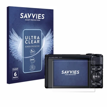 Face avant d’un emballage produit avec le logo de la marque Savvies. À côté, l’appareil Canon PowerShot SX740 HS Lite est repr