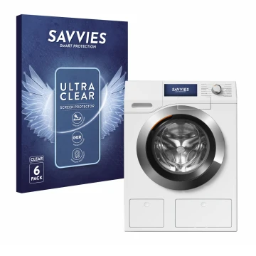 Face avant d’un emballage produit avec le logo de la marque Savvies. À côté, l’appareil Miele WEH875 est représenté avec la pr