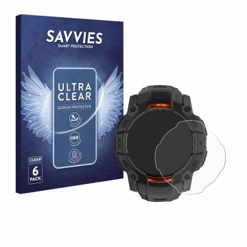 Face avant d’un emballage produit avec le logo de la marque Savvies. À côté, l’appareil Garmin Instinct 3 Solar (50 mm) est re