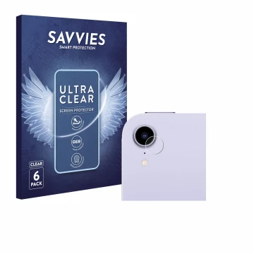 Face avant d’un emballage produit avec le logo de la marque Savvies. À côté, l’appareil Apple iPad Mini 7 2024 (Caméra UNIQUEM