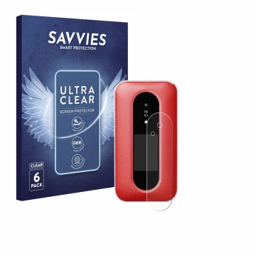 Face avant d’un emballage produit avec le logo de la marque Savvies. À côté, l’appareil Doro Leva L30 (Affichage externe) est 