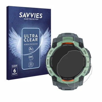 Face avant d’un emballage produit avec le logo de la marque Savvies. À côté, l’appareil Garmin Instinct 3 AMOLED (45 mm) est r