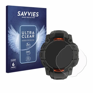 Face avant d’un emballage produit avec le logo de la marque Savvies. À côté, l’appareil Garmin Instinct 3 Solar (45 mm) est re
