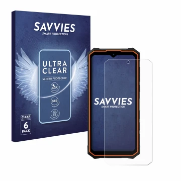Face avant d’un emballage produit avec le logo de la marque Savvies. À côté, l’appareil Hotwav Cyber 13 est représenté avec la