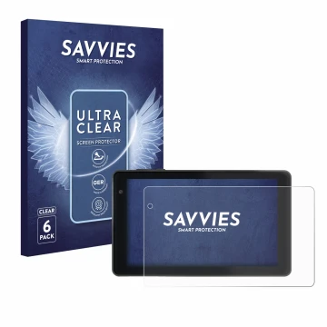 Face avant d’un emballage produit avec le logo de la marque Savvies. À côté, l’appareil Lisciani Mio Tab 7 est représenté avec