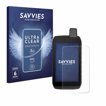 Face avant d’un emballage produit avec le logo de la marque Savvies. À côté, l’appareil Garmin Montana 710 est représenté avec