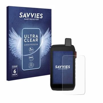 Face avant d’un emballage produit avec le logo de la marque Savvies. À côté, l’appareil Garmin Montana 710i est représenté ave