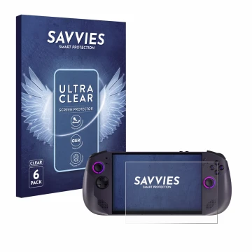 Face avant d’un emballage produit avec le logo de la marque Savvies. À côté, l’appareil Lenovo Legion Go S est représenté avec