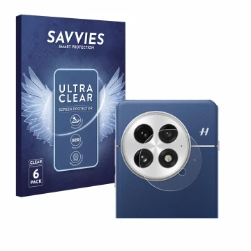 Face avant d’un emballage produit avec le logo de la marque Savvies. À côté, l’appareil OnePlus 13 (Caméra UNIQUEMENT) est rep