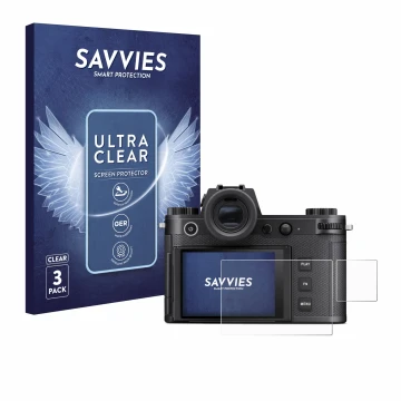 Face avant d’un emballage produit avec le logo de la marque Savvies. À côté, l’appareil Leica SL3-S (Affichage + affichage des