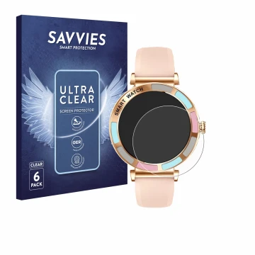 Face avant d’un emballage produit avec le logo de la marque Savvies. À côté, l’appareil Braidol Smartwatch 1.27