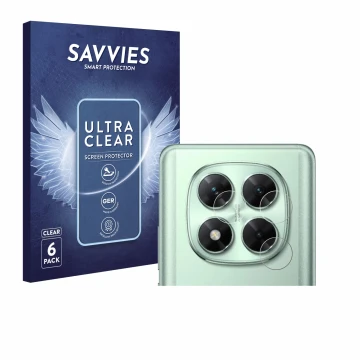 Face avant d’un emballage produit avec le logo de la marque Savvies. À côté, l’appareil Xiaomi Poco X7 (Caméra UNIQUEMENT) est