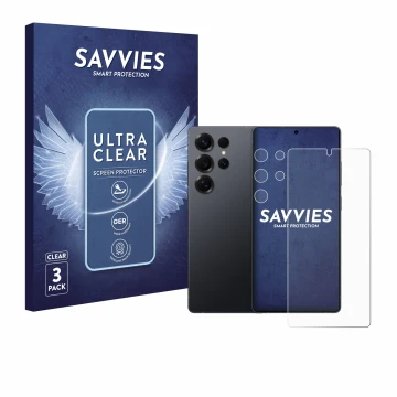 Face avant d’un emballage produit avec le logo de la marque Savvies. À côté, l’appareil Samsung Galaxy S25 Ultra (Avant+Caméra