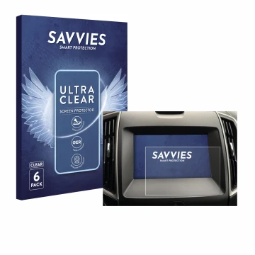 Face avant d’un emballage produit avec le logo de la marque Savvies. À côté, l’appareil Ford Galaxy Infotainment Sync 3 (2019)