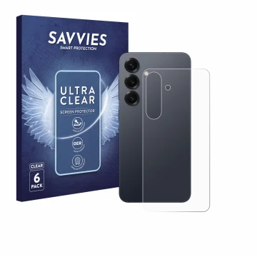 Face avant d’un emballage produit avec le logo de la marque Savvies. À côté, l’appareil Samsung Galaxy S25 (Arrière) est repré